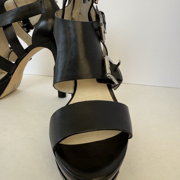 Michael Kors Lucinda Black Leather Zip Back Open Toe Heels Shoes - Picture 8 of 15